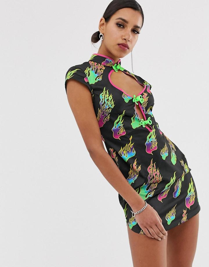 Jaded London Open Front Mini Dress In Flame Print - Black
