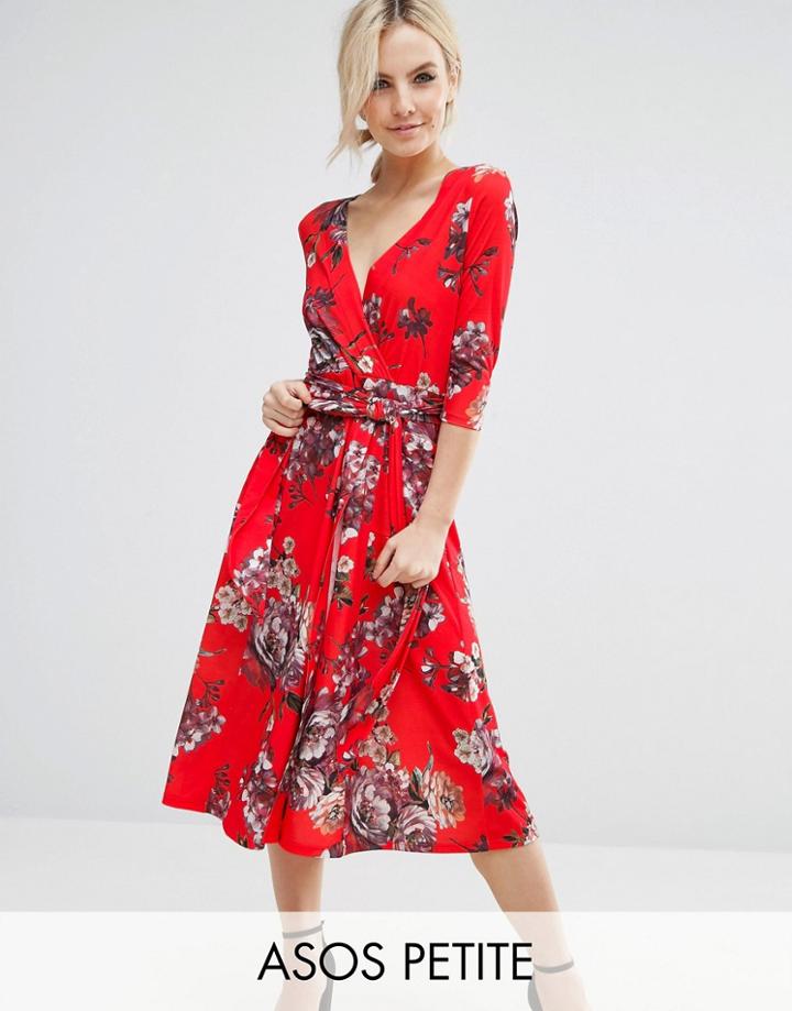 Asos Petite Crepe Midi Dress In Floral Print - Multi