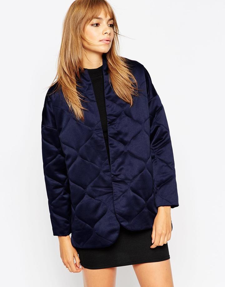 Asos Premium Quilted Satin Jacket - Navy