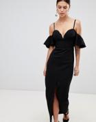 Forever Unique Ruffle Sleeve Maxi Dress With Split - Black
