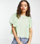 Asos Design Petite Textured Gauze Frill Sleeve Tee In Pale Green-multi