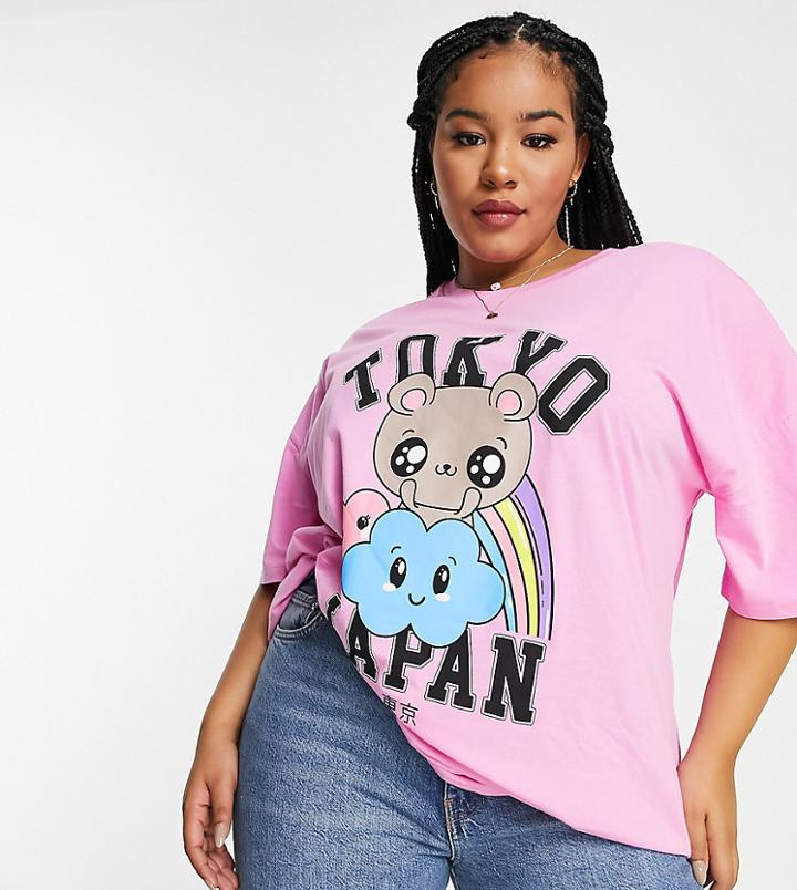 Asos Design Curve Oversized T-shirt With Tokyo Character Print In Bright Pink-blues