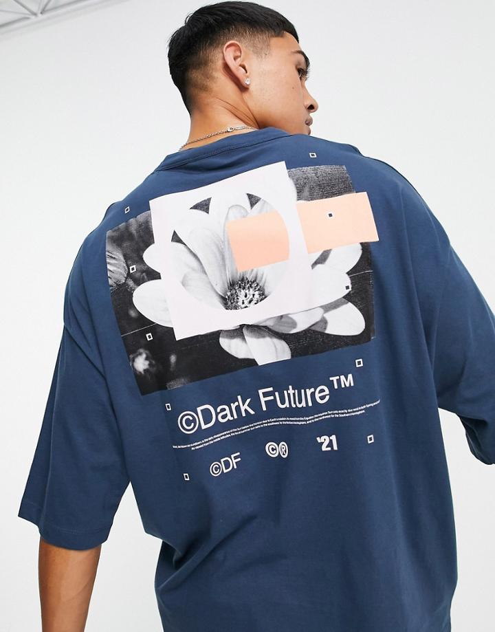 Asos Dark Future Oversized T-shirt With Abstract Shape And Flower Back Graphic Print In Navy