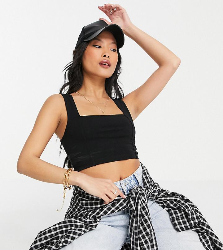 Asos Design Petite Crop Cami Top With Square Neck And Seam Detail In Black
