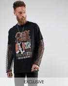 Reclaimed Vintage Inspired Oversized Long Sleeve T-shirt With Lace Sleeves And Ozzy Print - Black