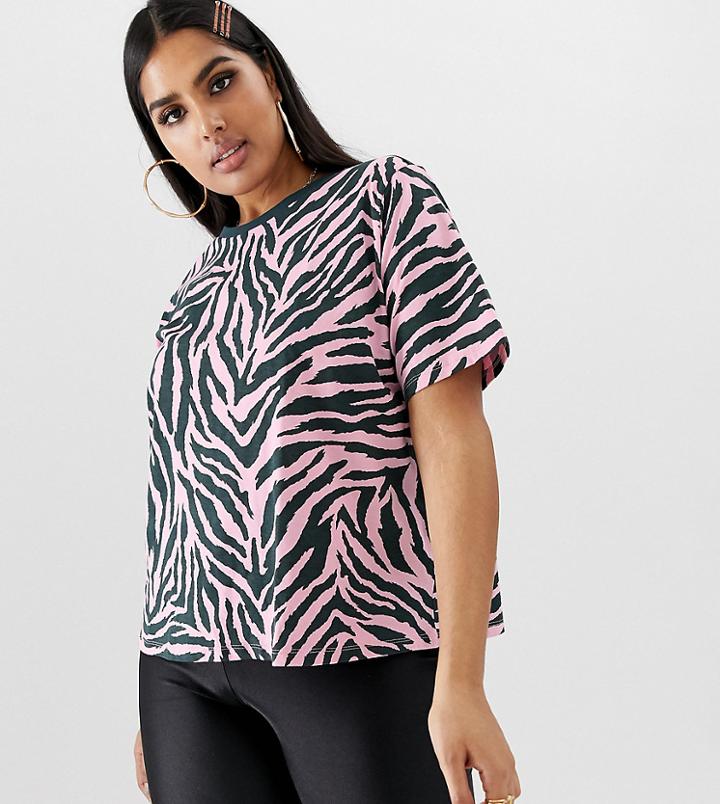 Asos Design Curve Boxy T-shirt In Bright Animal Zebra Print - Multi