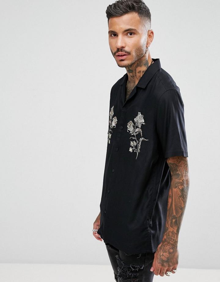 Asos Regular Fit Embroidered Viscose Shirt With Revere Collar - Black