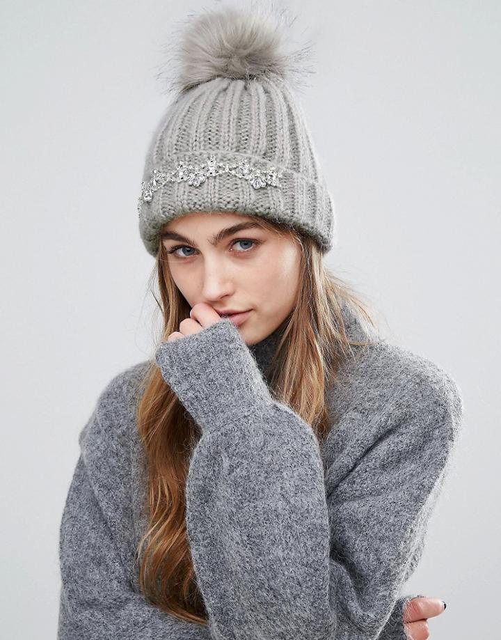 Miss Selfridge Embellished Faux Fur Pom Beanie Hat - Gray