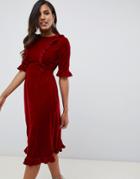 Asos Design Velvet Midi Dress With Ruffles - Red