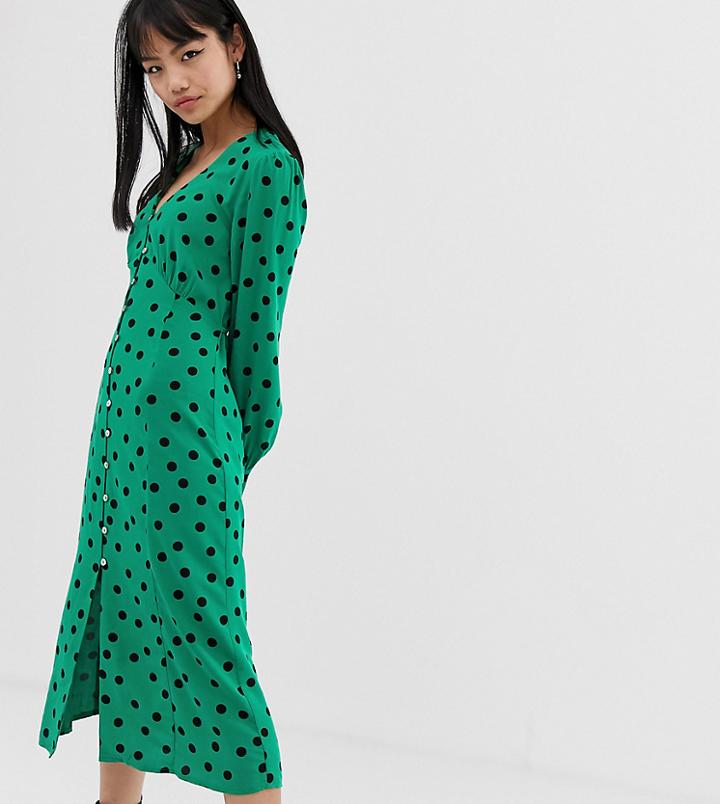 Miss Selfridge Petite Midi Dress In Green Polka Dot - Green