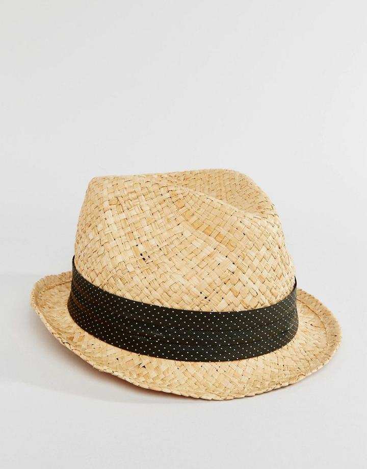 Catarzi Straw Trilby With Gray Polka Dot Band - Beige
