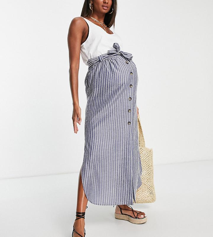 Asos Design Maternity Belted Button Up Midi Skirt In Mono Stripe Seersucker-multi