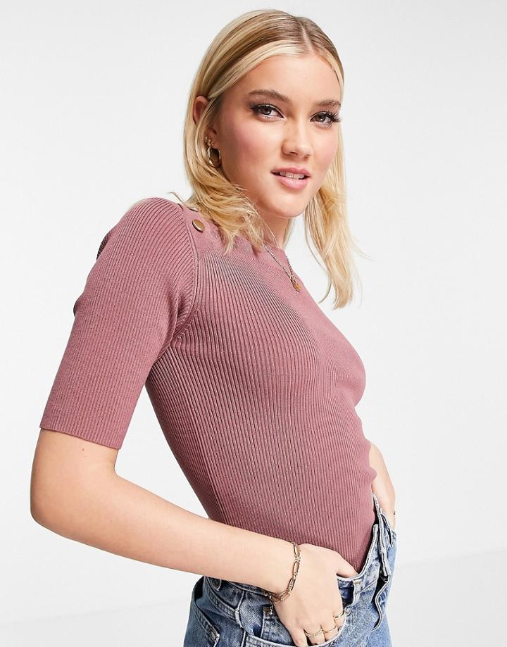 Jdy Plum Celine Short Sleeve Button Pullover Knit In Dark Pink