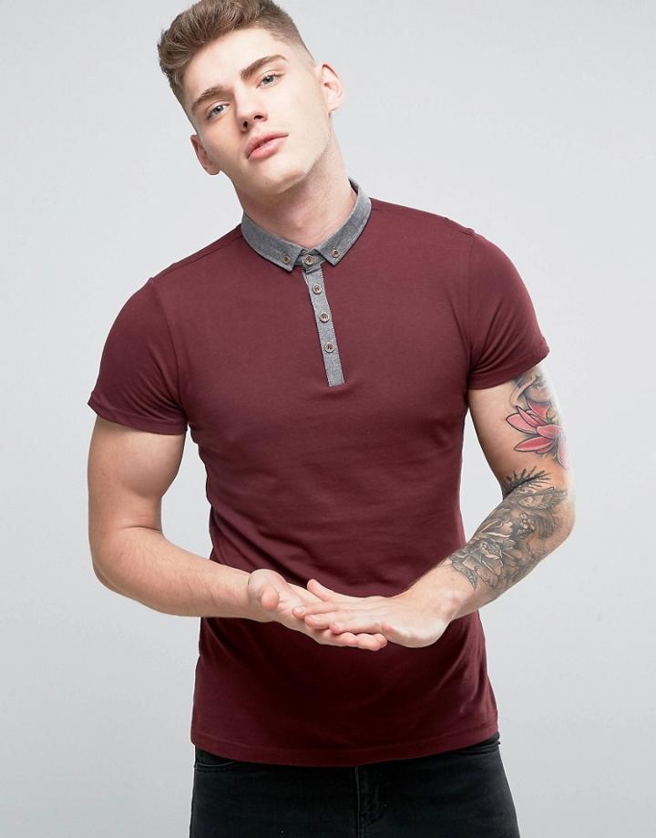 Brave Soul Contrast Chambray Collar Polo - Red