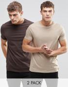 Asos T-shirt With Crew Neck 2 Pack Save 17% In Beige/brown