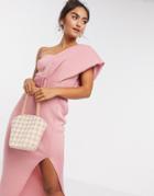 Asos Design One Shoulder Belted Midi Dress In Rose Pink
