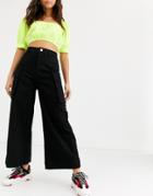 Asos Design Cropped Ankle Swinger Wide Leg Jeans With Utility Pockets In Washed Black