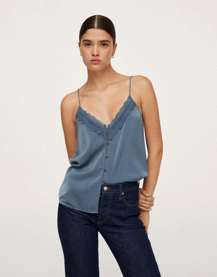 Mango Satin Button Front Cami In Blue-blues