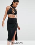 Naanaa Lace Up Front High Neck Crop Top - Black