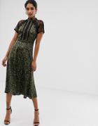 Liquorish A Line Lace Detail Midi Dress In Animal Print - Green