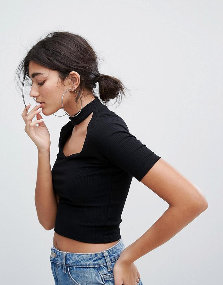 Bershka Choker Detail Crop Top - Black