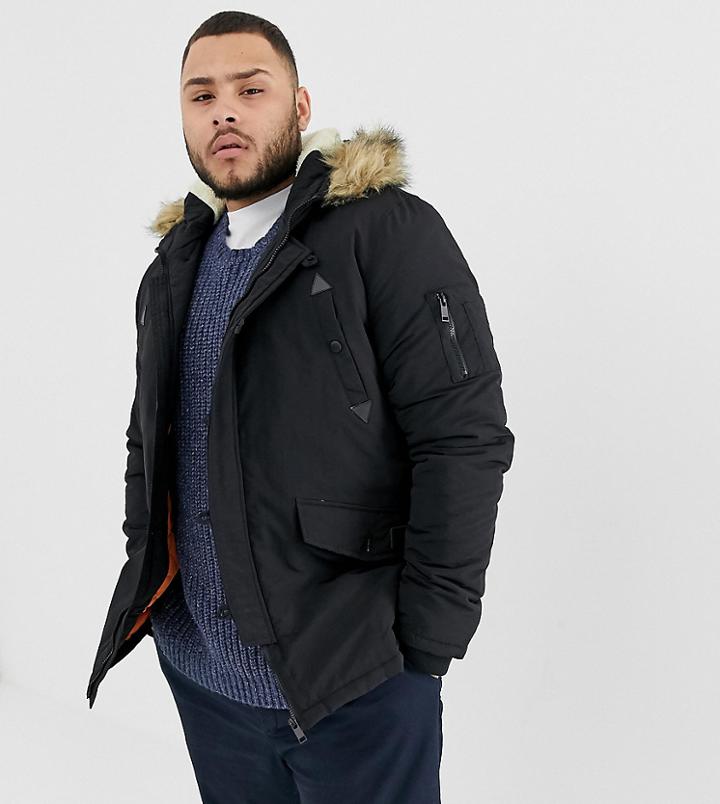 Brave Soul Plus Parka Jacket With Faux Fur Trim Hood