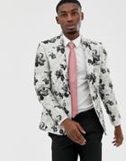 Moss London Slim Blazer With Floral Jacquard In Gray - Gray