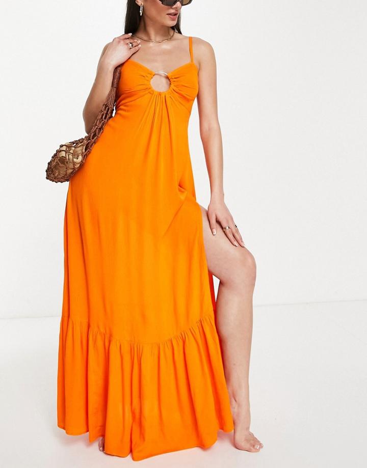 River Island Ring Trim Tiered Maxi Beach Dress In Orange