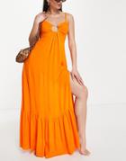 River Island Ring Trim Tiered Maxi Beach Dress In Orange