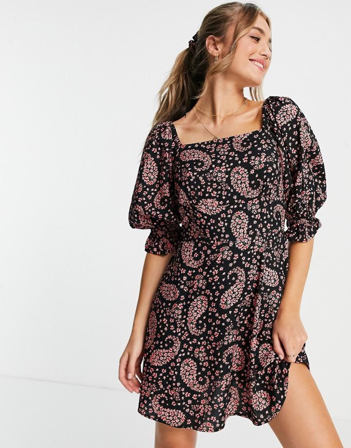 Miss Selfridge Fit & Flare Mini Dress In Paisley Print With Scrunchie-black