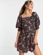 Miss Selfridge Fit & Flare Mini Dress In Paisley Print With Scrunchie-black