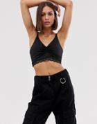 Bershka Ruched Front Crop Top In Black - Black