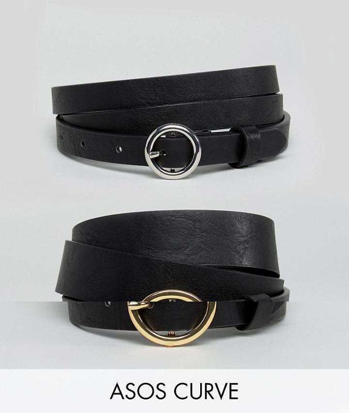 Asos Design Curve 2 Pack Circle Buckle Waist And Hip Jeans Belts In Black