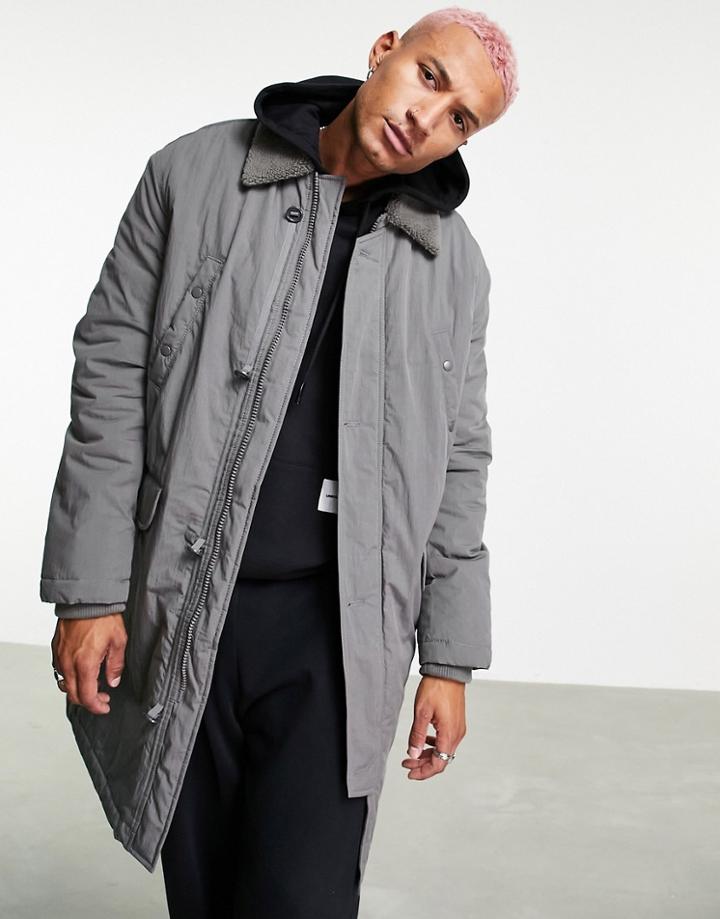 Asos Design Parka Coat With Tonal Borg Collar In Light Gray-grey