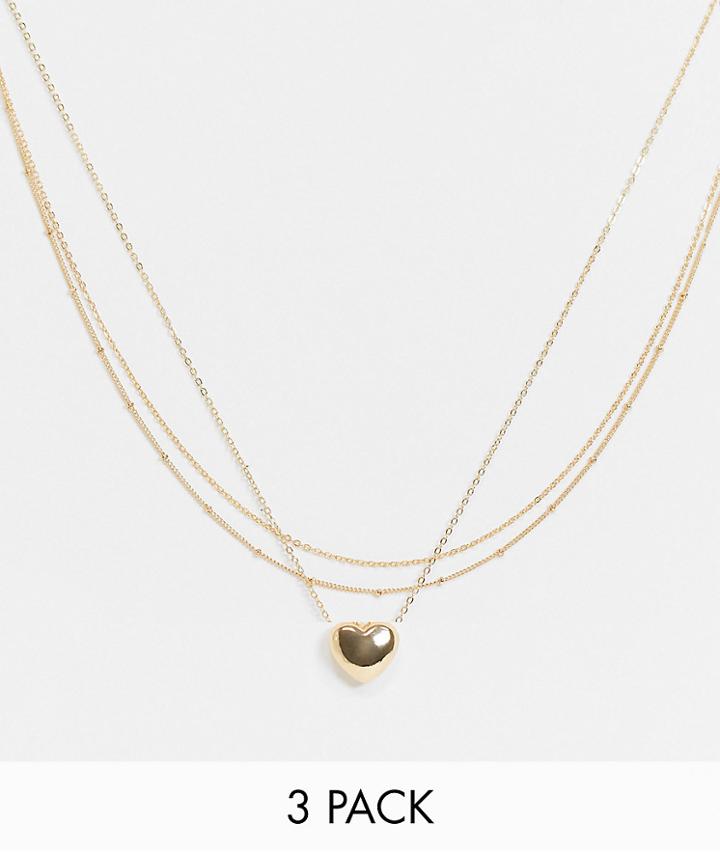 Asos Design Pack Of 3 Necklaces With Heart Charm And Dot Dash Chain In Gold Tone