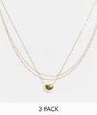 Asos Design Pack Of 3 Necklaces With Heart Charm And Dot Dash Chain In Gold Tone