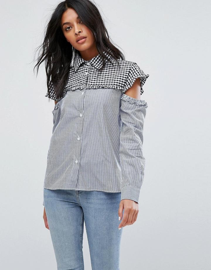Walter Baker Marvin Cut Out Sleeve Gingham Stripe Shirt - Blue