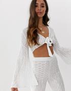 Asos Design Bridal Beach Crop Top With Knot Front In Embellishment Two-piece - White