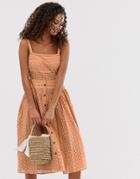 Asos Design Broderie Midi Sundress With Button Front - Brown