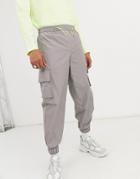 Asos White Tapered Cargo Sweatpants In Silver Nylon