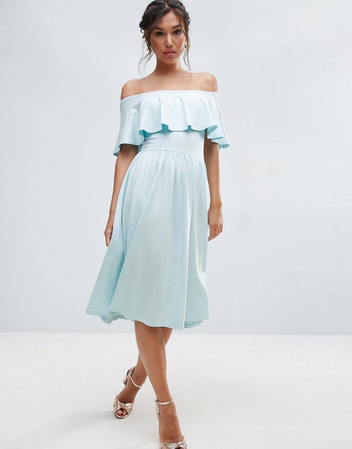 Asos Ruffle Bardot Midi Skater Dress - Blue
