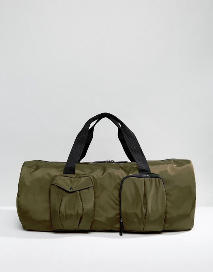 Asos Barrel Bag In Khaki With Pocket Detail - Green