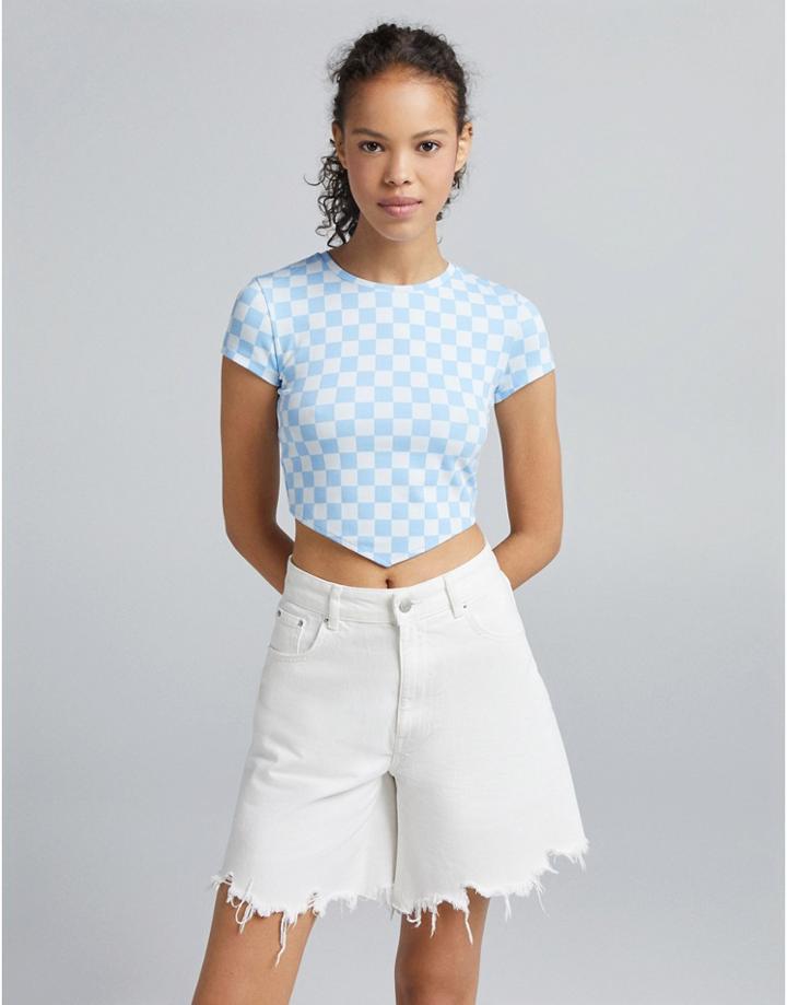 Bershka Scarf Hem Crop Top In Blue Check-blues