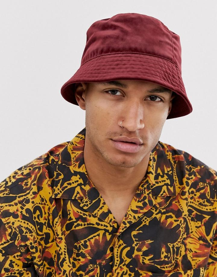 Asos Design Bucket Hat In Burgundy Velvet-red
