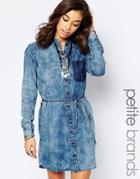 Noisy May Petite Acid Wash Long Sleeve Shirt Dress - Light Blue