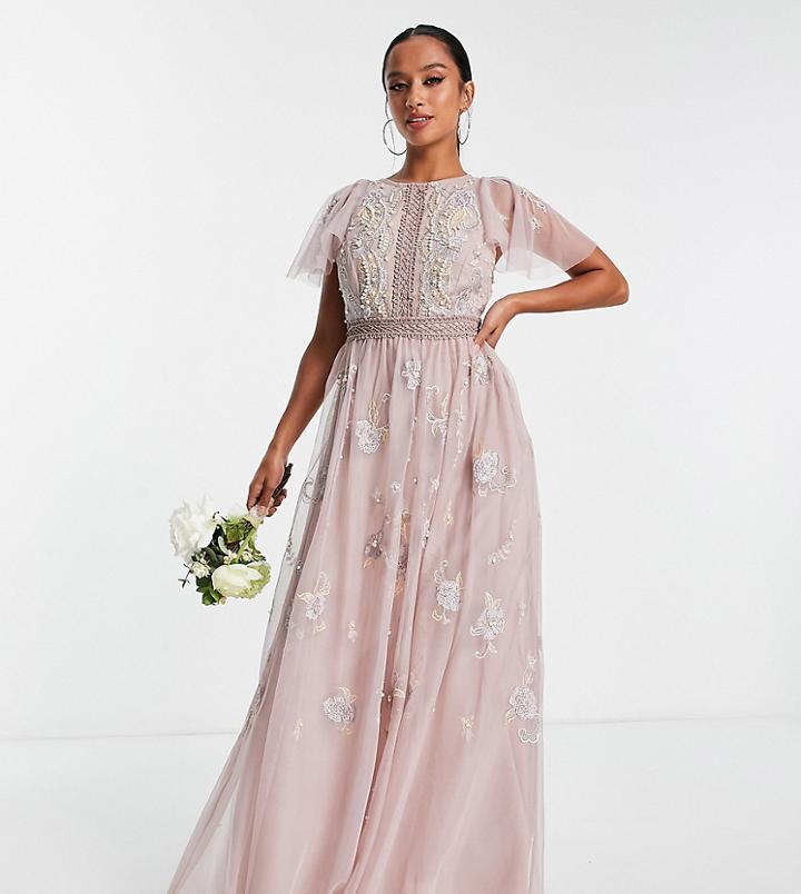 Asos Design Petite Bridesmaid Pearl Embellished Flutter Sleeve Maxi Dress With Floral Embroidery In Rose-pink