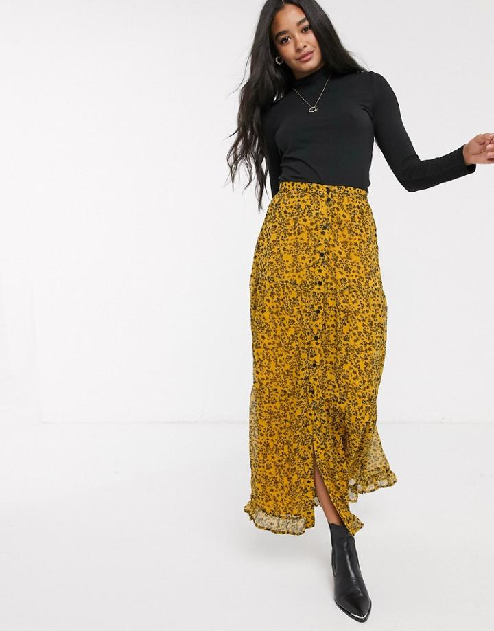 Asos Design Tiered Button Front Maxi Skirt In Ditsy Print-multi