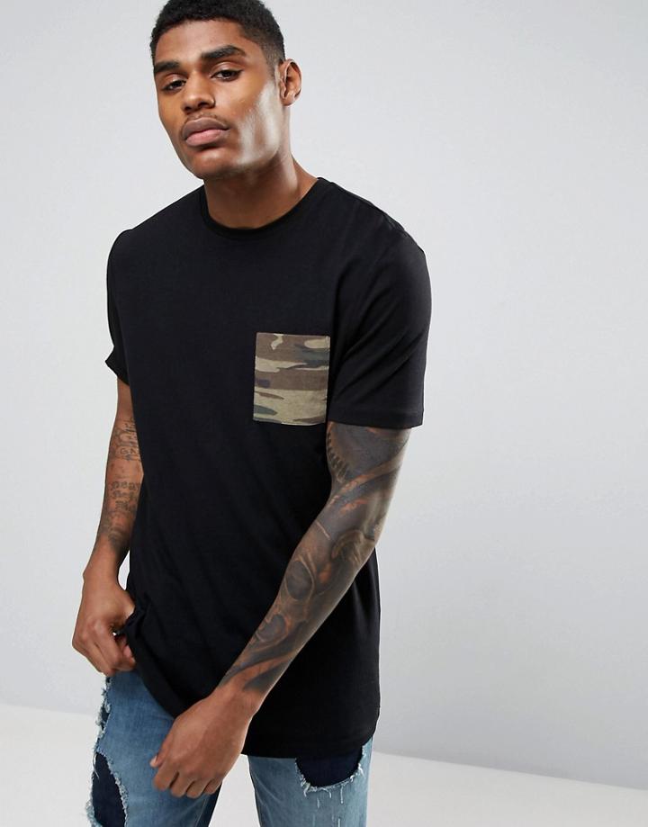 Asos Longline T-shirt With Camo Pocket - Black