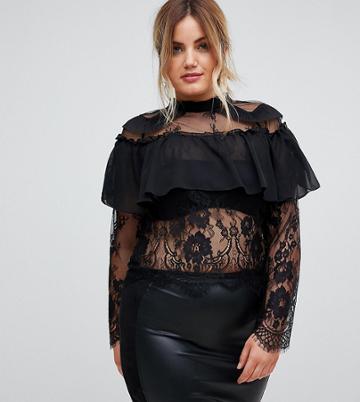 Club L Plus Lace Ruffle Top - Black