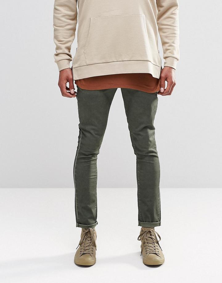 Asos Super Skinny Chinos With Oil Wash In Green - Rosin